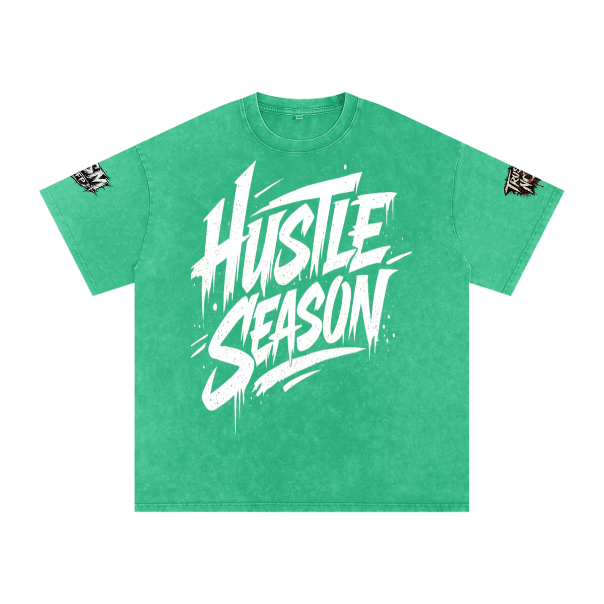 Built From Pain Hustle Season snow washed oversized cotton T-shirt displayed flat with a casual fit and distressed lettering.