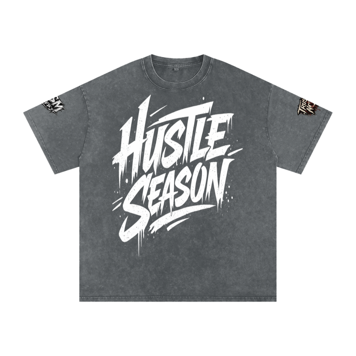 Built From Pain Hustle Season snow washed oversized cotton T-shirt with relaxed fit and casual style.