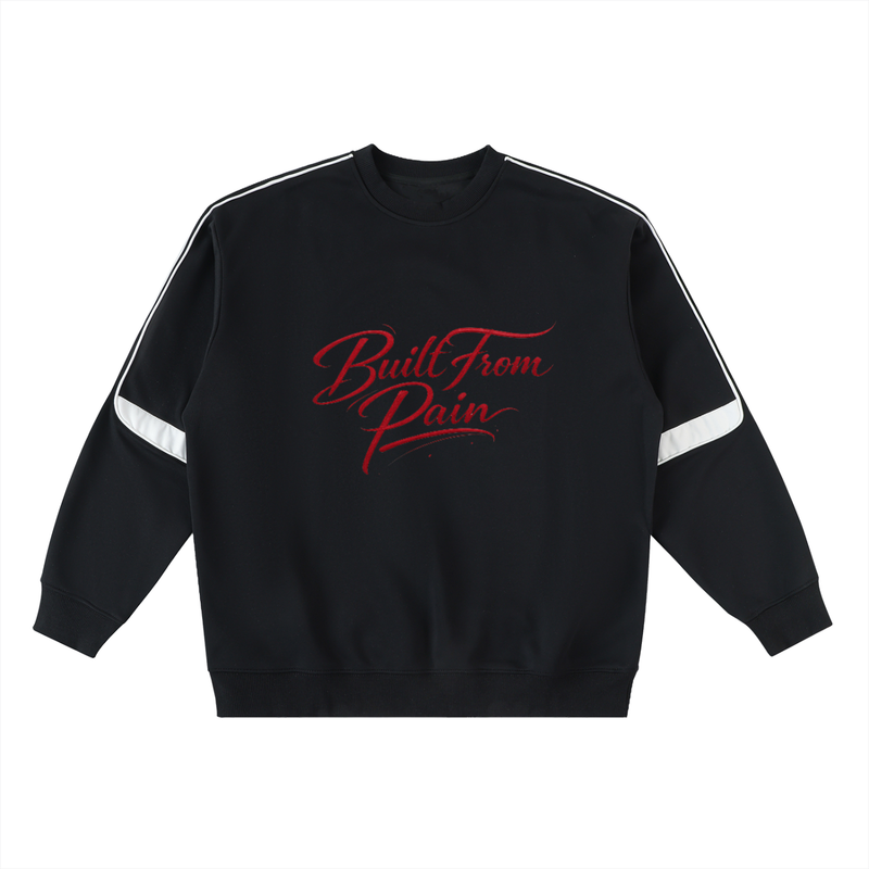 Built From Pain oversized crewneck taped sweatshirt showing a relaxed fit, ribbed cuffs, and taped detailing on the shoulders.