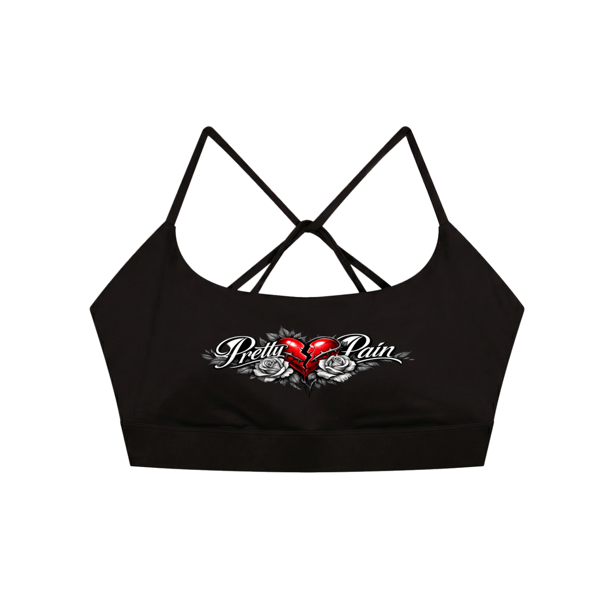 Built From Pain Pretty Pain Strappy Criss Cross Yoga Sports Bra with stylish design and supportive fit for active wear.