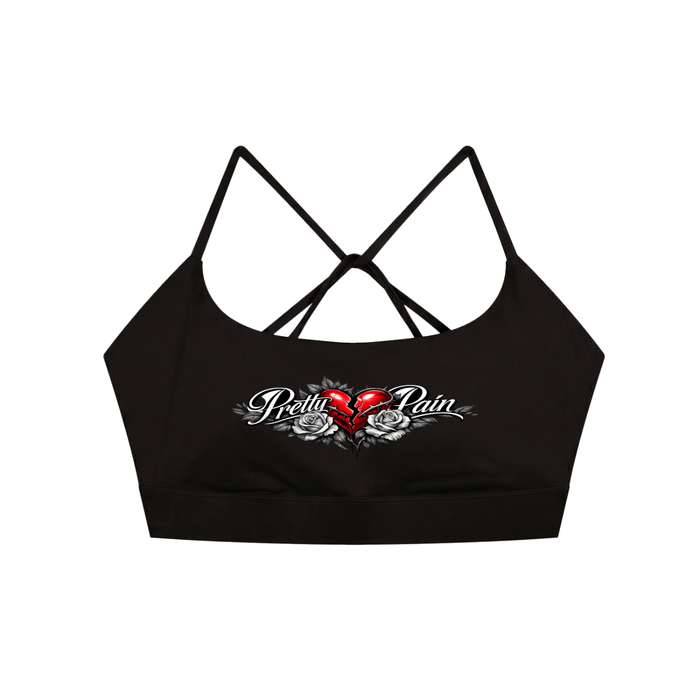 Built From Pain Pretty Pain Strappy Criss Cross Yoga Sports Bra with stylish design and supportive fit for active wear.