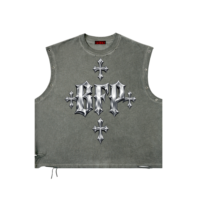Built From Pain distressed chrome grommet eyelet tank top, casual sleeveless shirt with metal eyelets and a rugged design.
