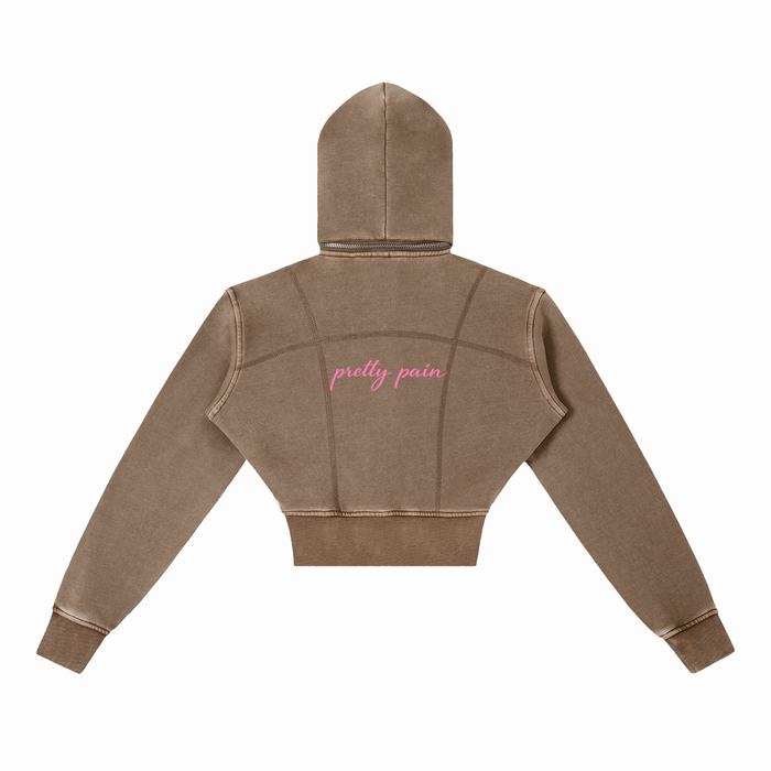 Built From Pain vintage washed cropped fleece hoodie with distressed details and relaxed fit, perfect for casual streetwear style.
