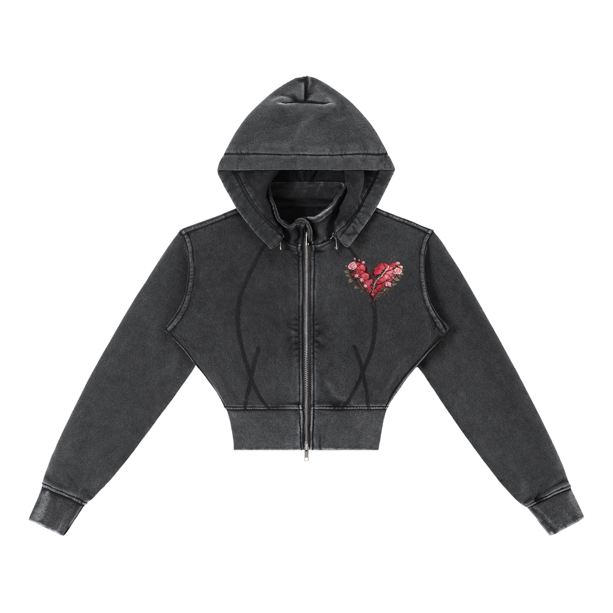 Vintage washed PRETTY PAIN cropped fleece hoodie by Built From Pain, shows soft fabric and relaxed fit on a hanger.