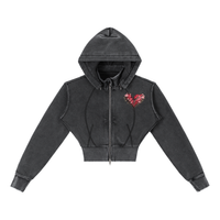 Vintage washed PRETTY PAIN cropped fleece hoodie by Built From Pain, shows soft fabric and relaxed fit on a hanger.