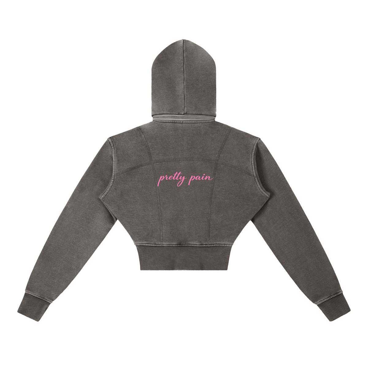 Built From Pain vintage washed cropped fleece hoodie with Pretty Pain graphic, casual and comfortable streetwear style.
