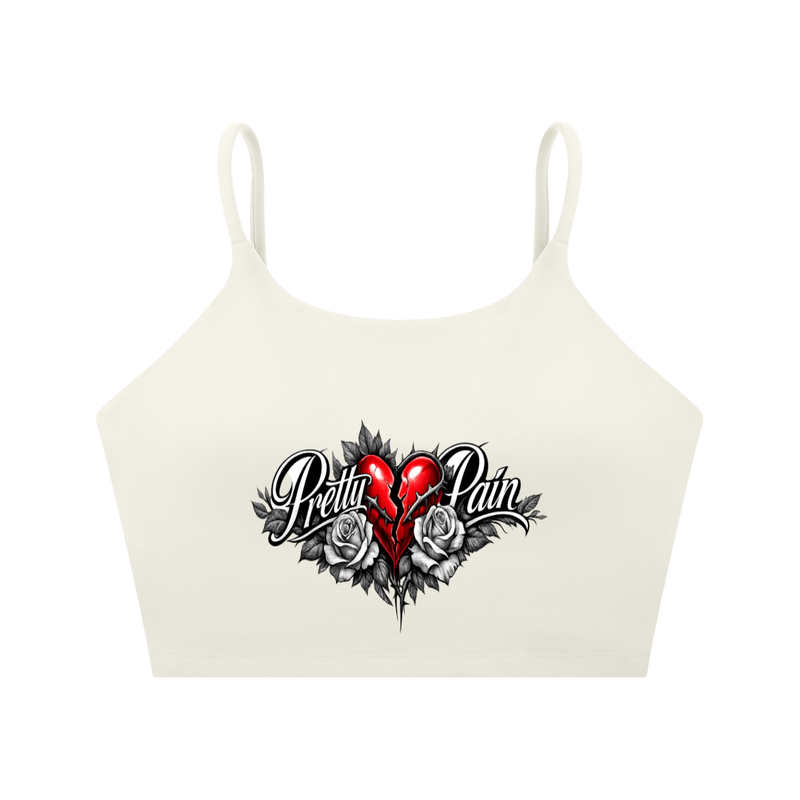 Built From Pain Pretty Pain Spaghetti Strap Yoga Sports Bra, black with slim straps and supportive design for active wear.