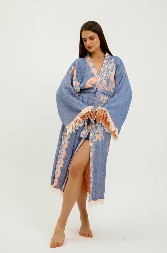 Blue jungle kimono featuring elephant print by Buldano, lightweight fabric, flowing design, perfect for casual or lounge wear.