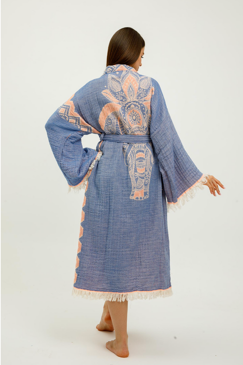 Buldano Jungle Kimono featuring elephant print, lightweight fabric, blue and green jungle motif, stylish and comfortable traditional kimono.