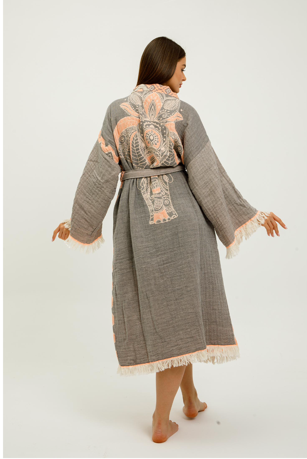 Buldano Jungle Kimono featuring elephant print in grey and coral, lightweight fabric with a relaxed fit and floral pattern.
