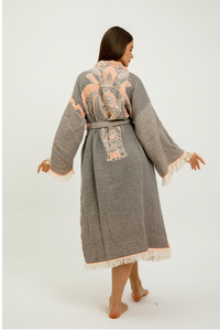 Buldano Jungle Kimono featuring elephant print in grey and coral, lightweight fabric with a relaxed fit and floral pattern.