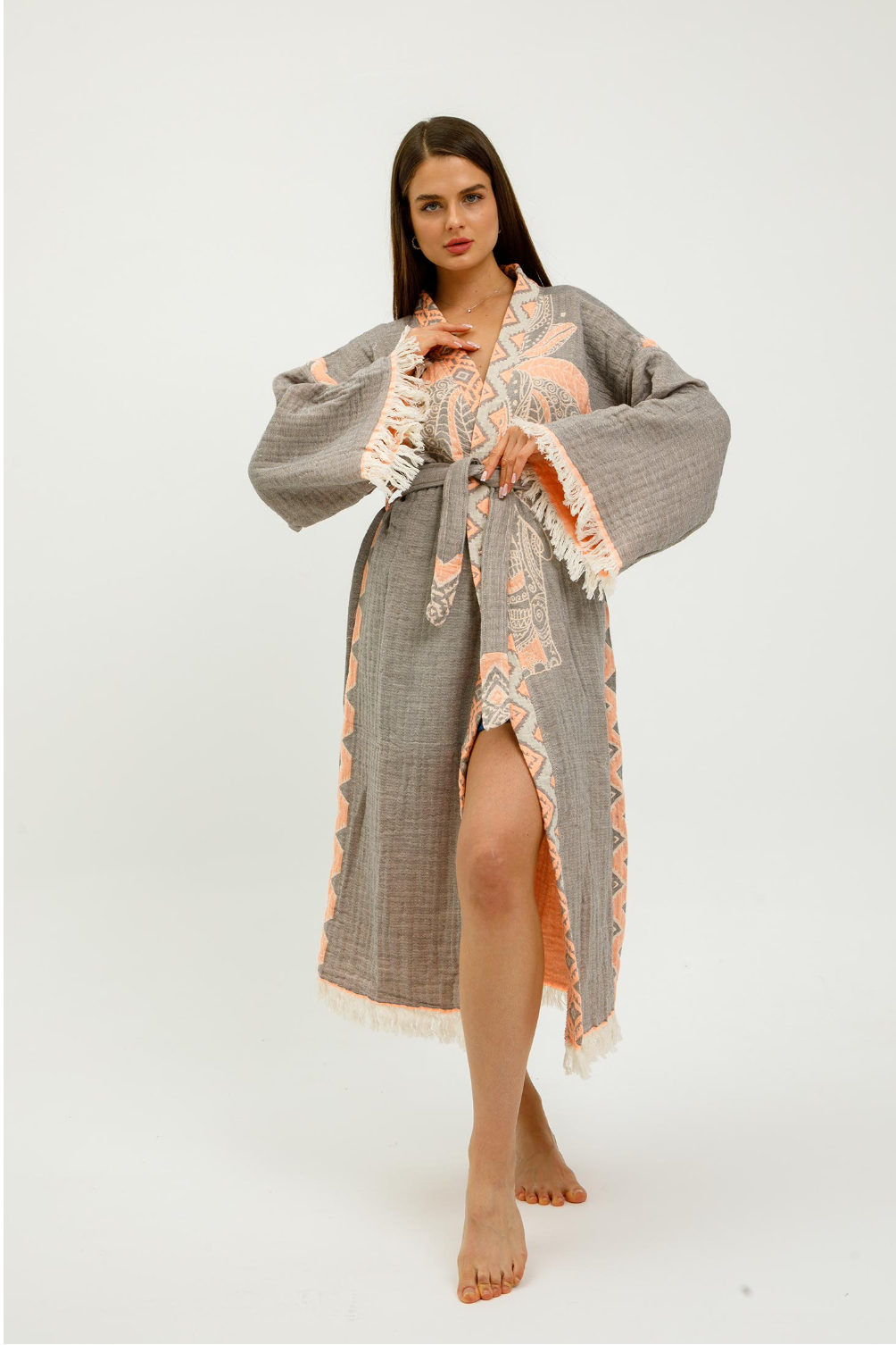 Buldano Jungle Kimono featuring an elephant print in grey and coral, lightweight fabric with traditional kimono style.