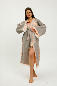 Buldano Jungle Kimono featuring an elephant print in grey and coral, lightweight fabric with traditional kimono style.