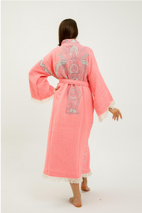 Pink jungle kimono by Buldano featuring elephant print, lightweight fabric, and traditional kimono style with wide sleeves.