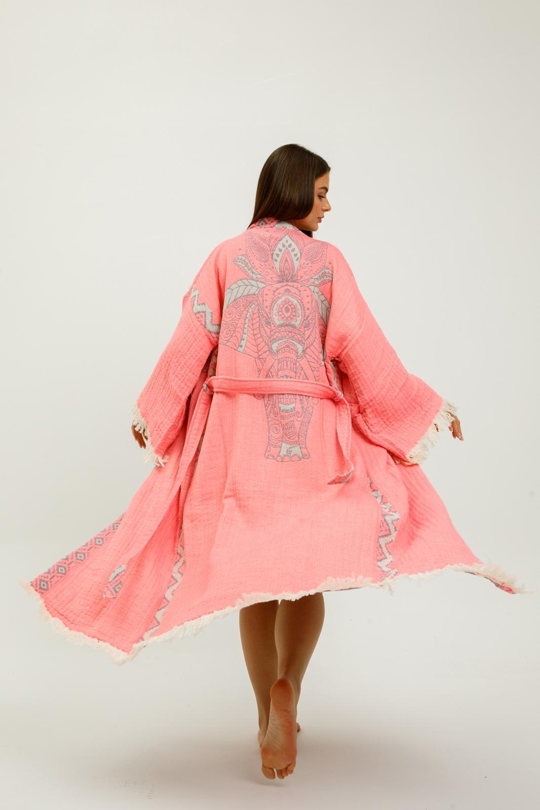 Pink jungle print kimono by Buldano featuring elephant motifs, lightweight fabric, and relaxed fit for casual wear.