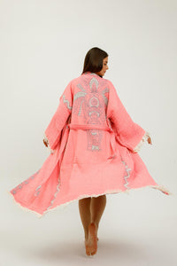 Pink jungle print kimono by Buldano featuring elephant motifs, lightweight fabric, and relaxed fit for casual wear.