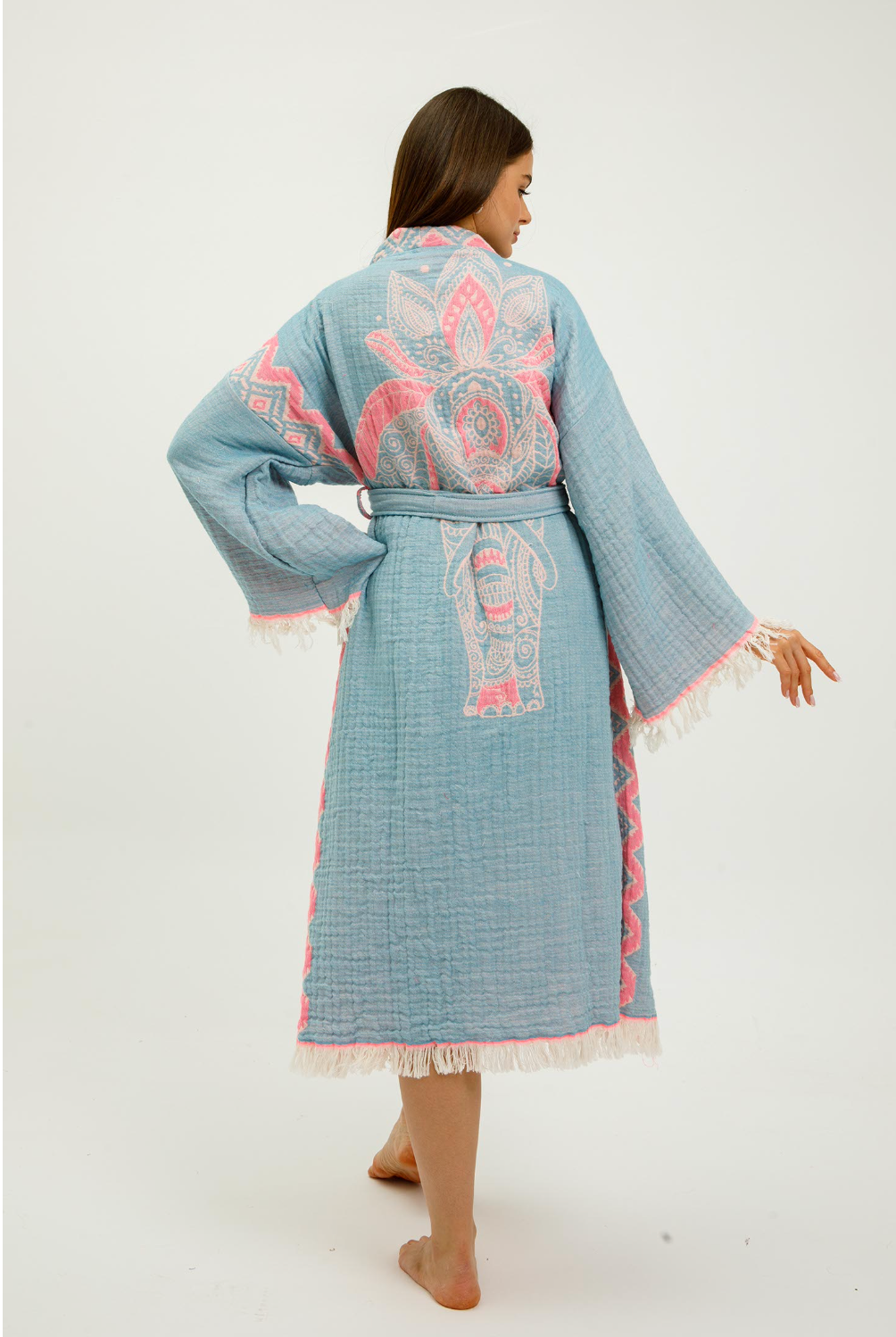 Pink jungle-themed kimono with elephant print from Buldano, featuring a comfortable, flowy design perfect for casual wear.