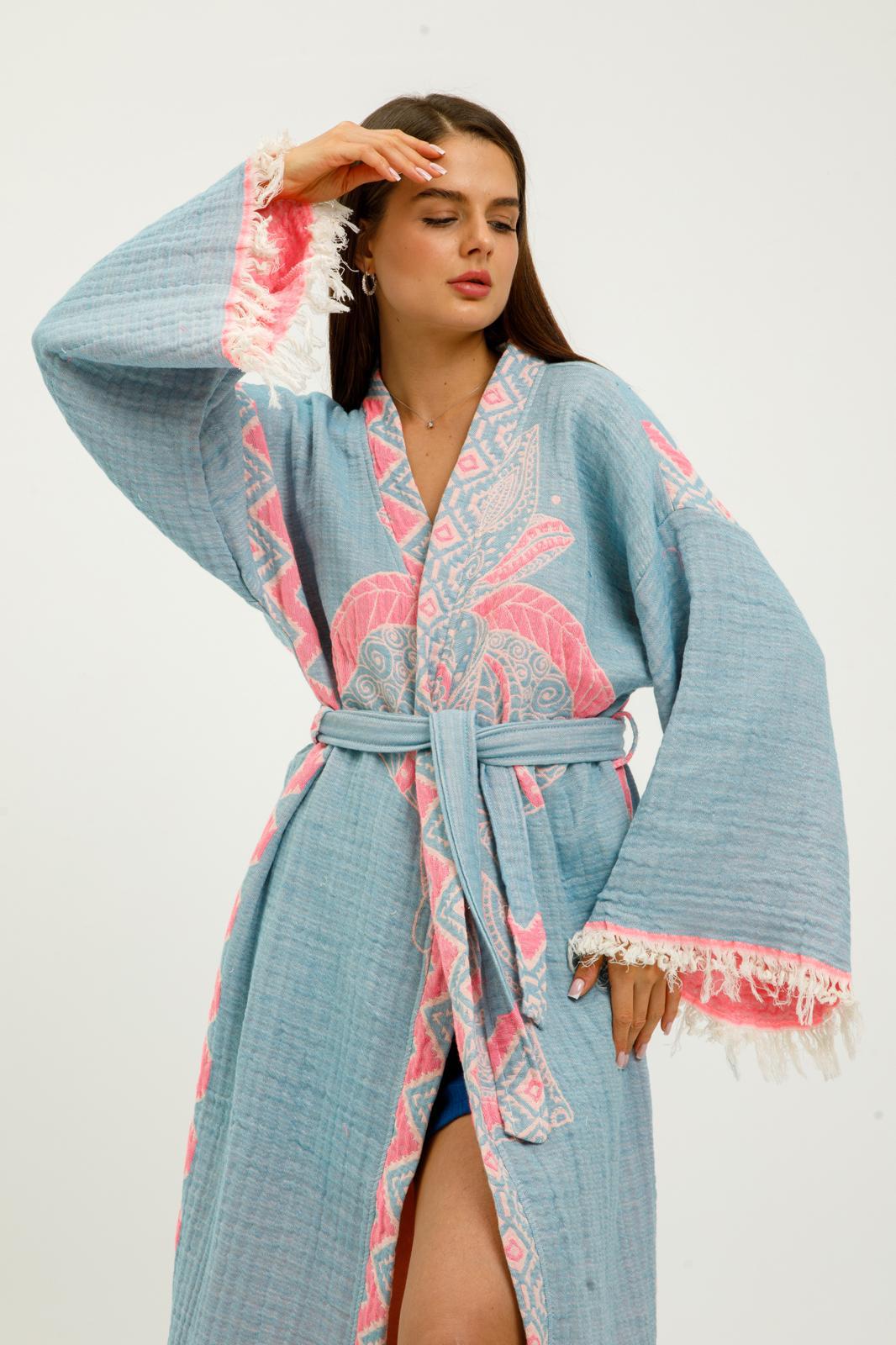 Buldano Jungle Kimono featuring elephant print in pink, lightweight fabric, traditional Japanese-style kimono for women.