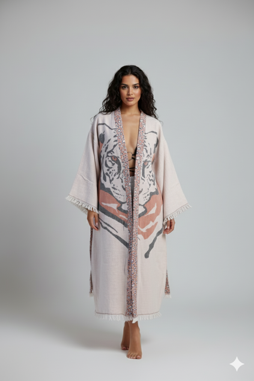 Camel-colored tiger kimono from Buldano featuring traditional Japanese design and comfortable, lightweight fabric.