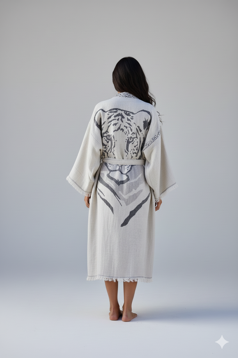 Grey tiger kimono by buldano featuring a bold tiger print, traditional kimono style with wide sleeves and a relaxed fit.