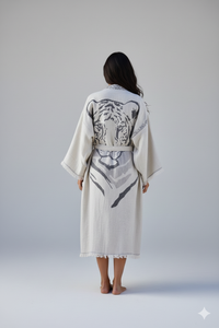 Grey tiger kimono by buldano featuring a bold tiger print, traditional kimono style with wide sleeves and a relaxed fit.