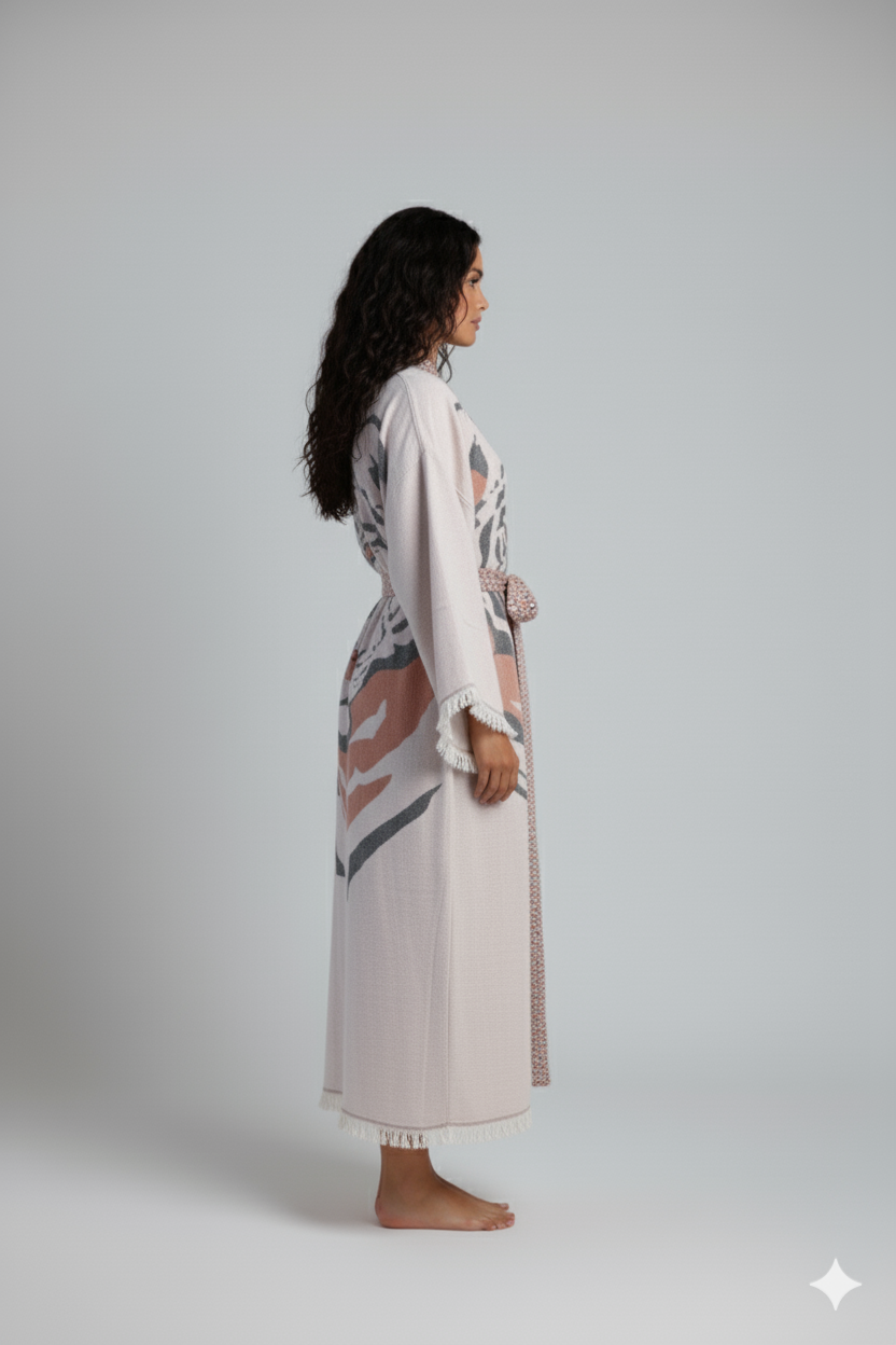 Camel-colored tiger kimono by Buldano, featuring traditional kimono design with tiger print fabric and wide sleeves.
