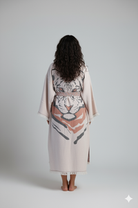 Camel-colored tiger kimono by Buldano, featuring traditional Japanese design and intricate tiger embroidery on lightweight fabric.