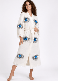 Black evil eye hand-printed kimono by Buldano, featuring natural fabric and traditional design elements.