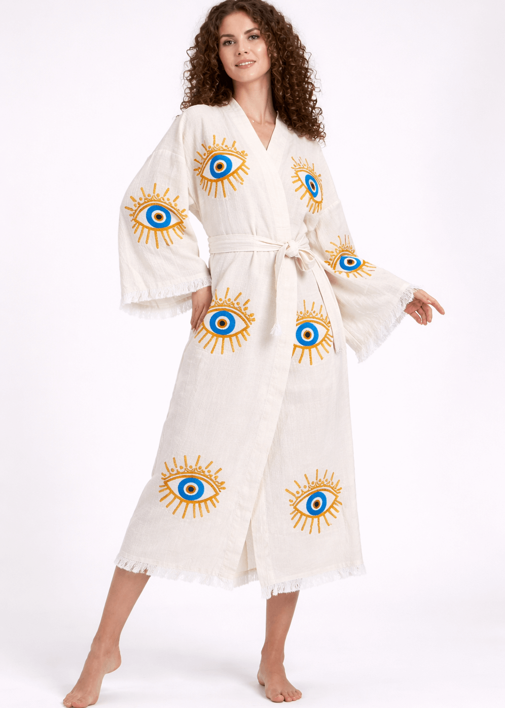 Black Buldano kimono with hand-printed evil eye design, featuring natural fabric and traditional style.