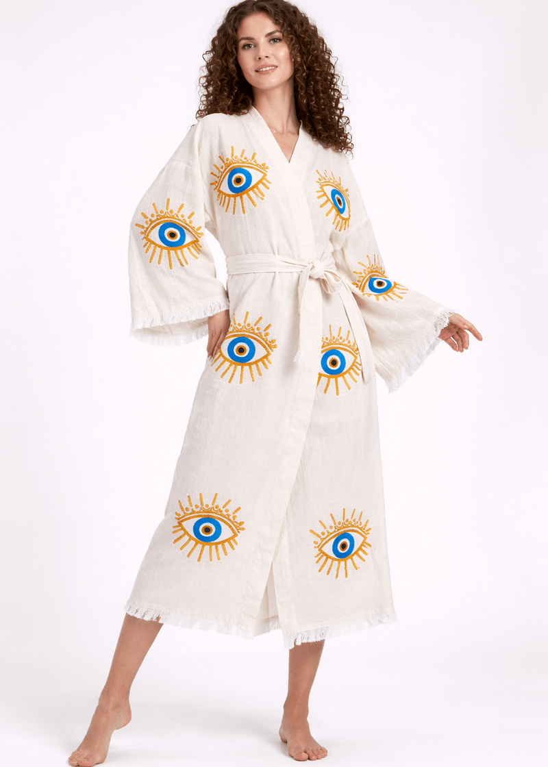 Black Buldano kimono with hand-printed evil eye design, featuring natural fabric and traditional style.