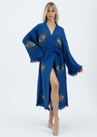 Black Buldano kimono with hand-printed evil eye design, featuring natural fabric and traditional style.