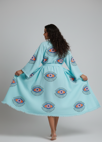 Black evil eye hand-printed kimono by Buldano featuring natural fabric and intricate design, perfect for stylish casual wear.