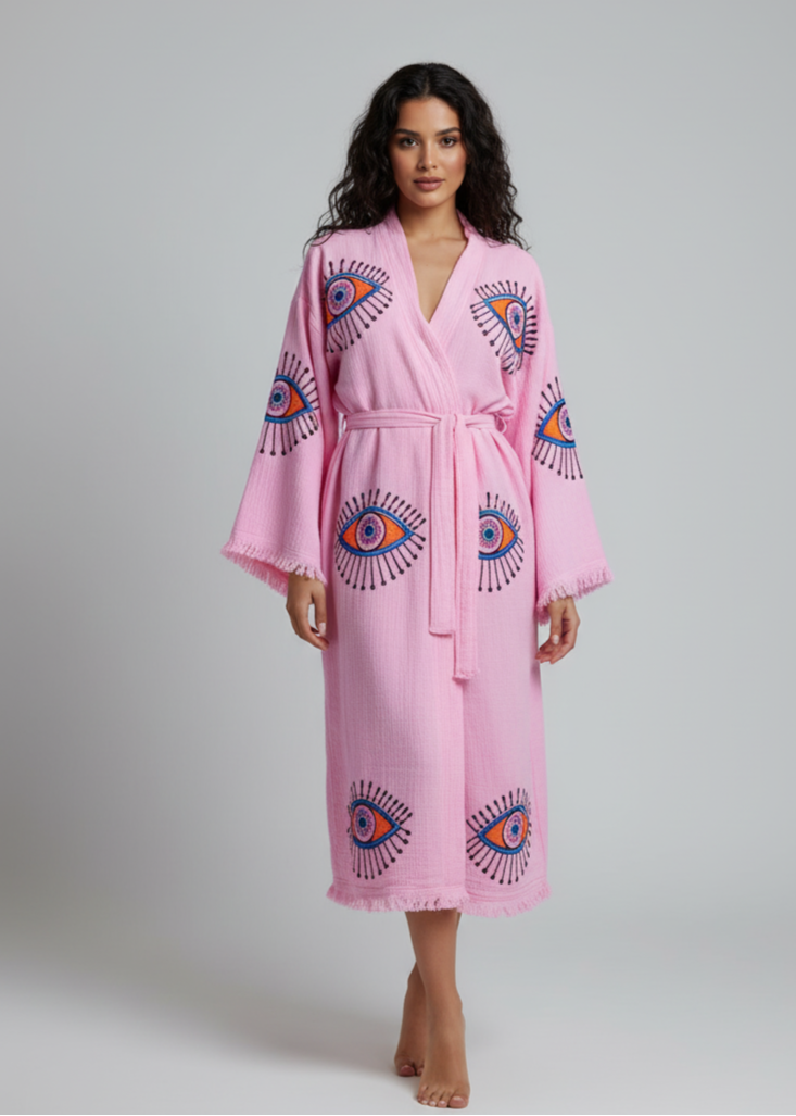 Black evil eye hand-printed kimono by Buldano, featuring natural fabric and intricate design, displayed flat on a white background.