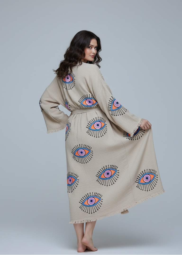 Black buldano kimono with hand-printed evil eye design, featuring natural fabric and traditional Japanese style.