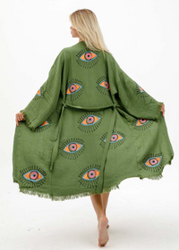 Black hand-printed kimono featuring evil eye design by Buldano, showcasing traditional style and intricate natural pattern.