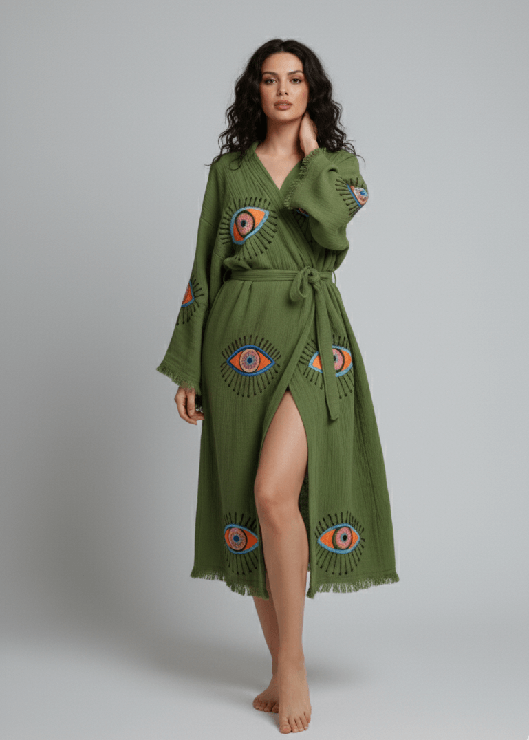 Black evil eye hand-printed kimono by Buldano featuring natural fabric and intricate design details.
