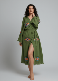 Black evil eye hand-printed kimono by Buldano featuring natural fabric and intricate design details.