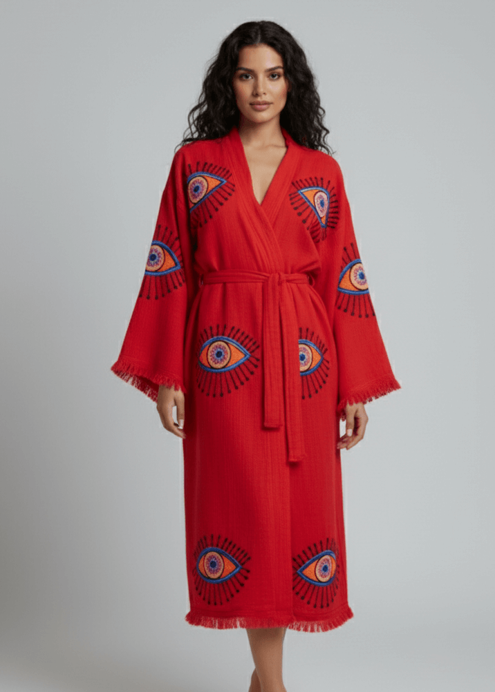 Black evil eye hand-printed kimono by Buldano, featuring natural fabric and intricate design, perfect for stylish, comfortable wear.