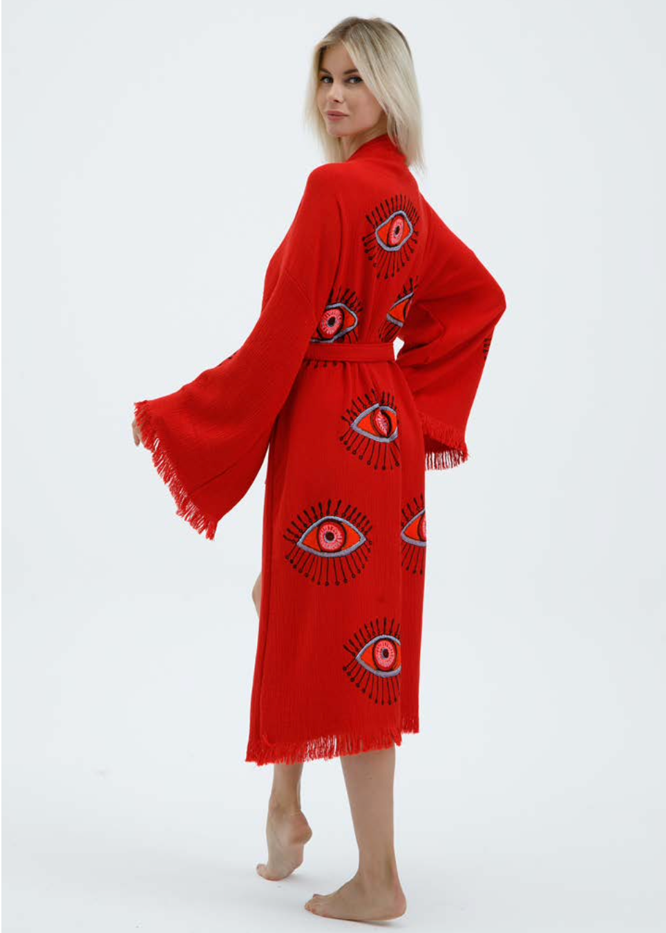 Black evil eye hand-printed kimono by Buldano, featuring natural fabric and traditional design elements.