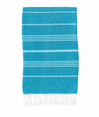 Navy blue classic Turkish towel by buldano, showing its lightweight, woven fabric with traditional striped pattern and fringed edges.