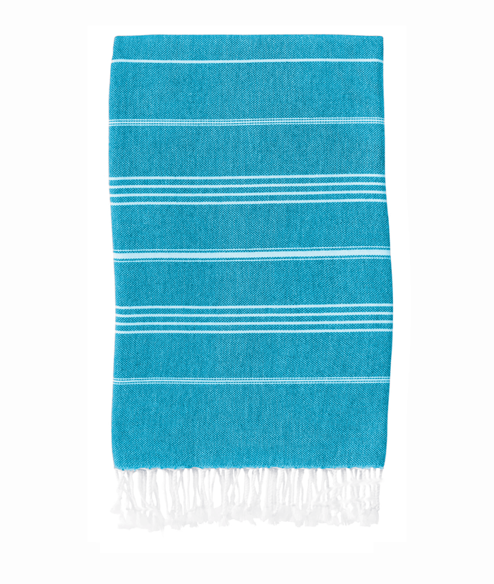 Navy blue classic Turkish towel by buldano, showing its lightweight, woven fabric with traditional striped pattern and fringed edges.