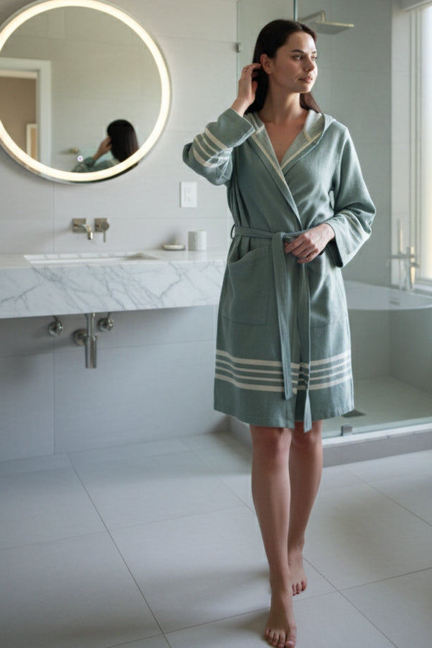 Woman wearing a green lightweight Turkish cotton bathrobe with hood, made from organic Turkish towel fabric, by Buldano.