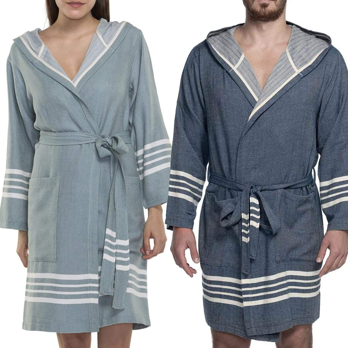 Turkish Turkish cotton short bathrobe with hood by buldano, lightweight and soft, shown hanging on a hook with a natural background.