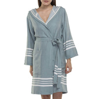 Organic Turkish cotton short bathrobe with hood, lightweight Turkish towel by Buldano, shown in soft white with a cozy fit.
