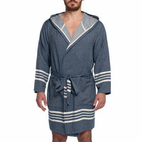 Navy organic Turkish cotton short bathrobe with hood, lightweight Turkish towel by buldano, suitable for men.