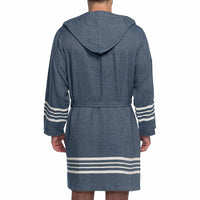 Navy organic Turkish cotton short bathrobe with hood from buldano, lightweight and soft, perfect for relaxing or after bathing.