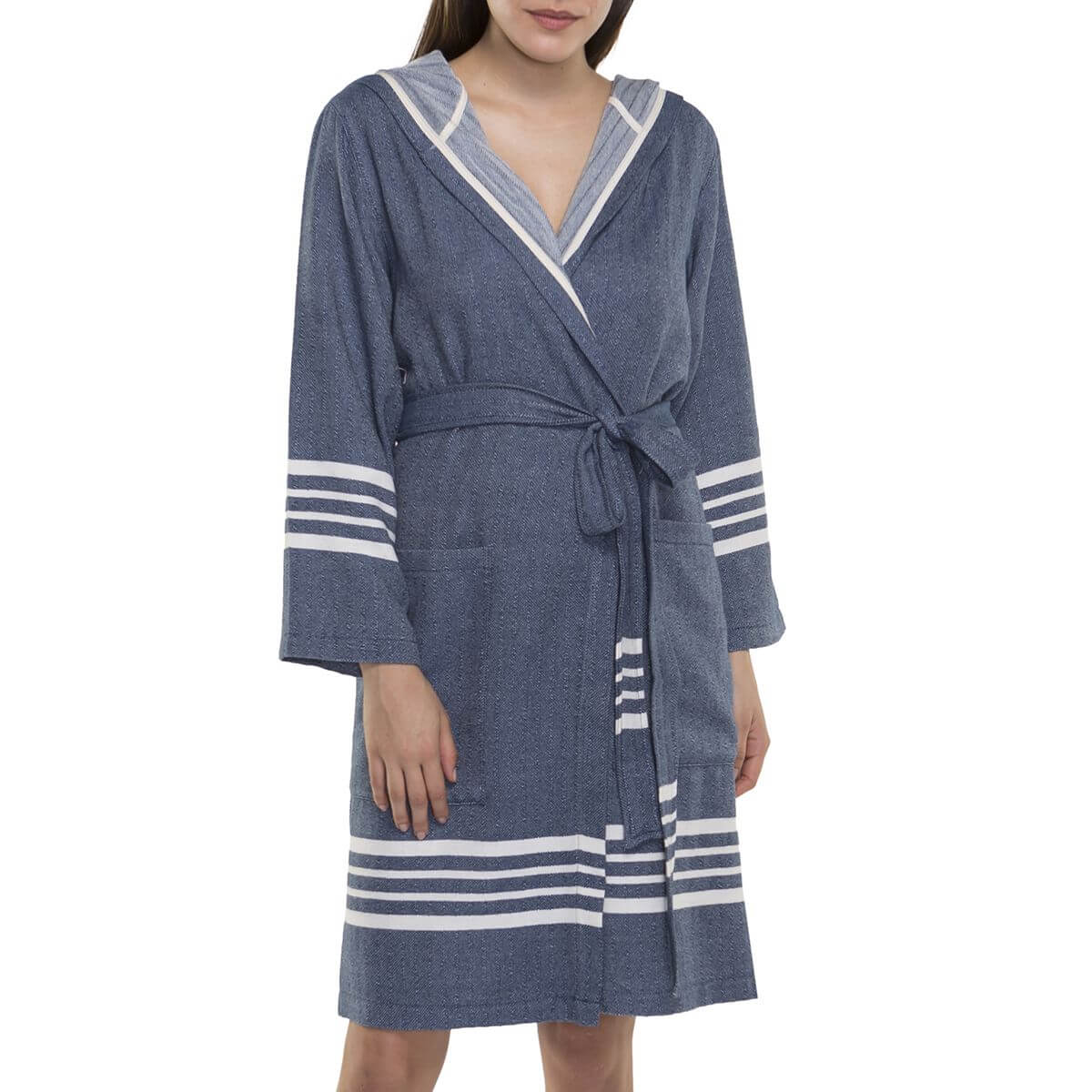 Navy organic Turkish cotton short bathrobe with hood, lightweight Turkish towel for women by buldano, soft and absorbent.