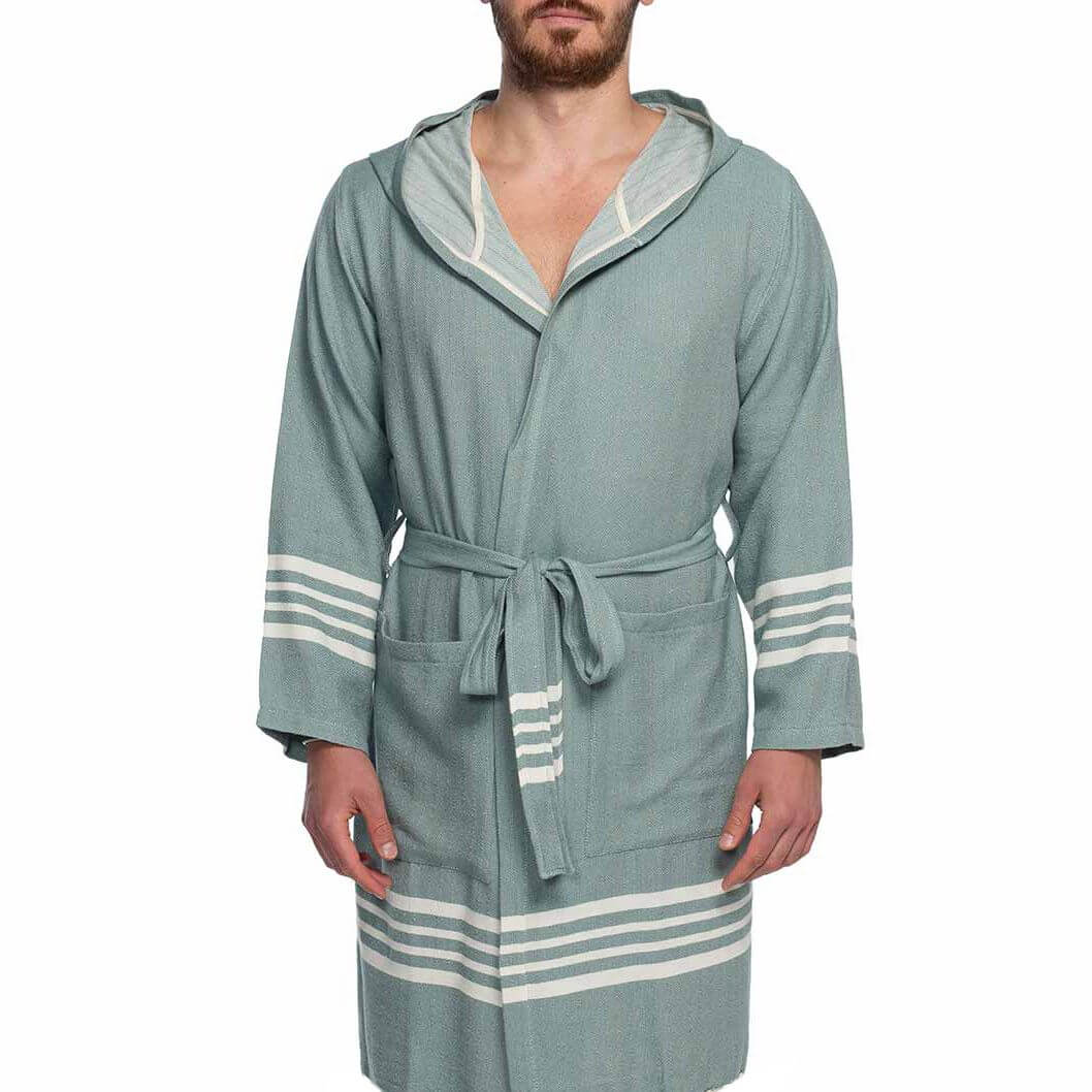 Organic Turkish cotton short bathrobe with hood, lightweight Turkish towel by buldano, shown hanging with a relaxed fit.