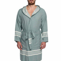 Organic Turkish cotton short bathrobe with hood, lightweight Turkish towel by buldano, shown hanging with a relaxed fit.