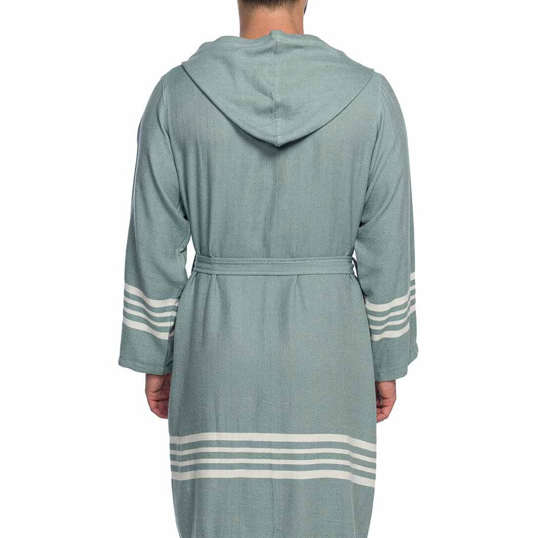 Organic Turkish cotton short bathrobe with hood by Buldano, lightweight Turkish towel robe for men, soft and breathable fabric.